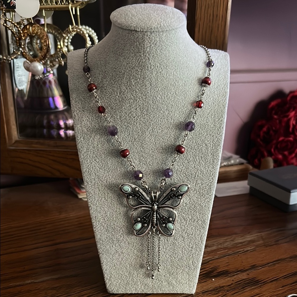 Elegant Butterfly Pendant Necklace with Red and Silver Accents